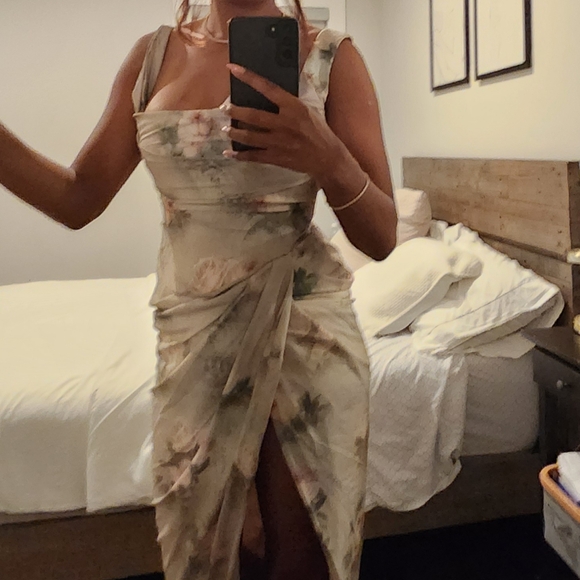 VINTAGE PRINTED DRAPED CORSET TOP SPLIT TWO PIECE MAXI DRESS - FLORAL - Picture 6 of 6